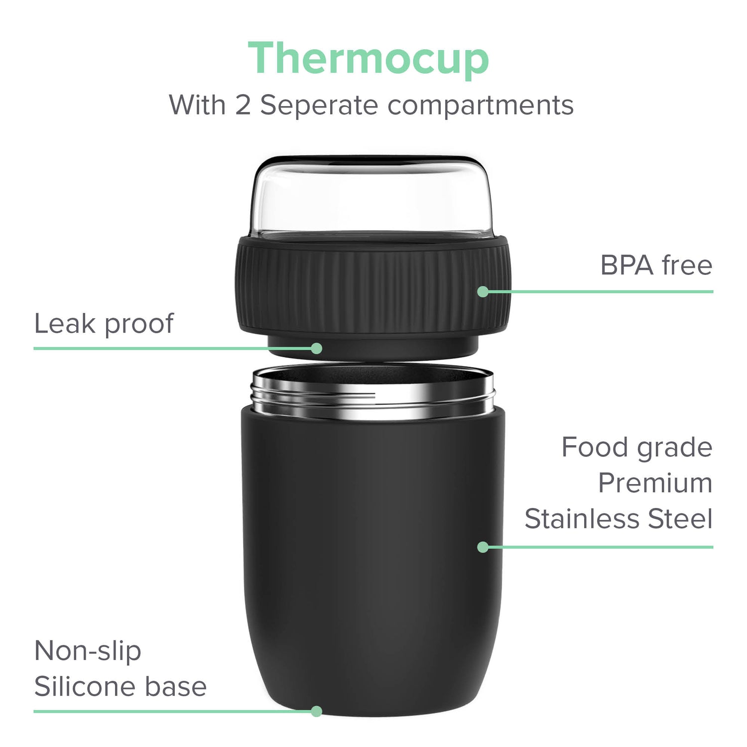 Conteneur de nourriture thermos coninx - réchauffeur de conteneurs aliments à la maison et sur le go - Thermos Food Box Fuite - Tasse thermos 840ml noir